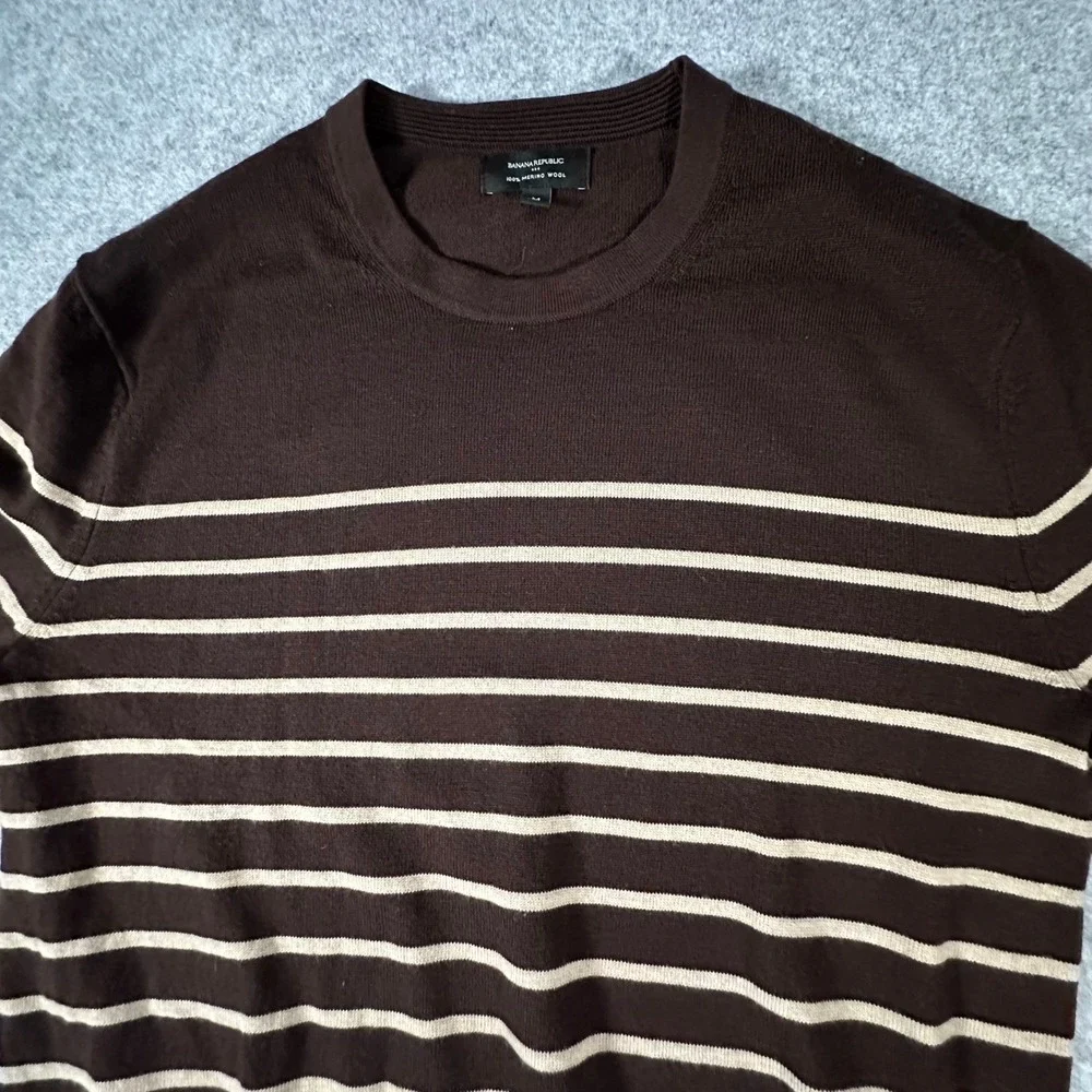 Banana Republic Sweater Medium Brown Mens Striped Merino Wool Crewneck